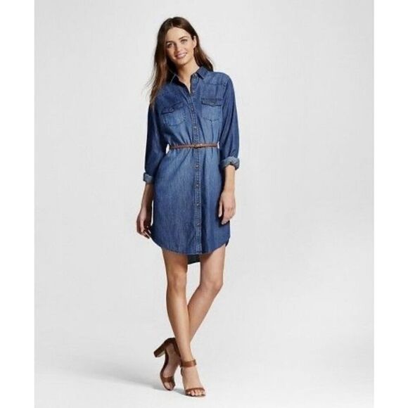 Merona Denim Shirt Dress S/P Button Front Long Sleeve 100% Cotton Pockets - Picture 1 of 8
